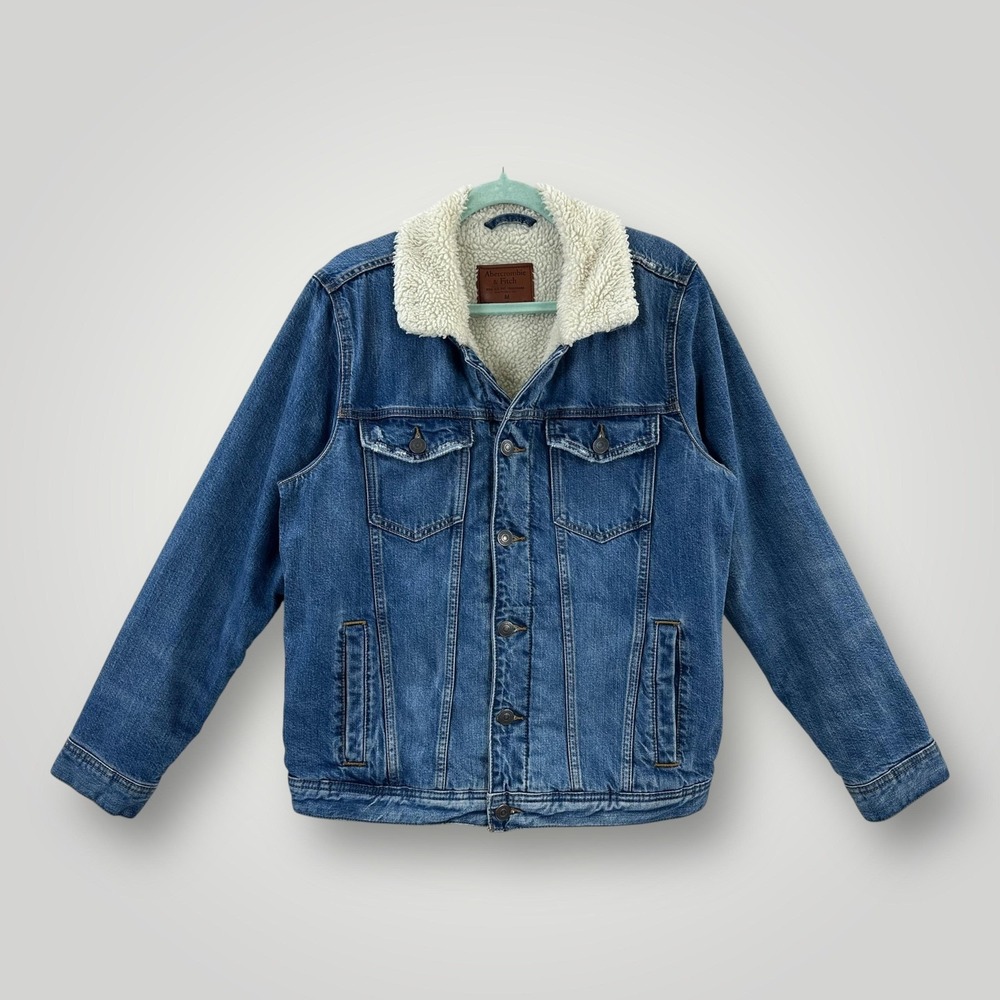 Abercrombie & Fitch Denim Trucker Jacket Mens Medium Blue Sherpa Lined Coat Warm